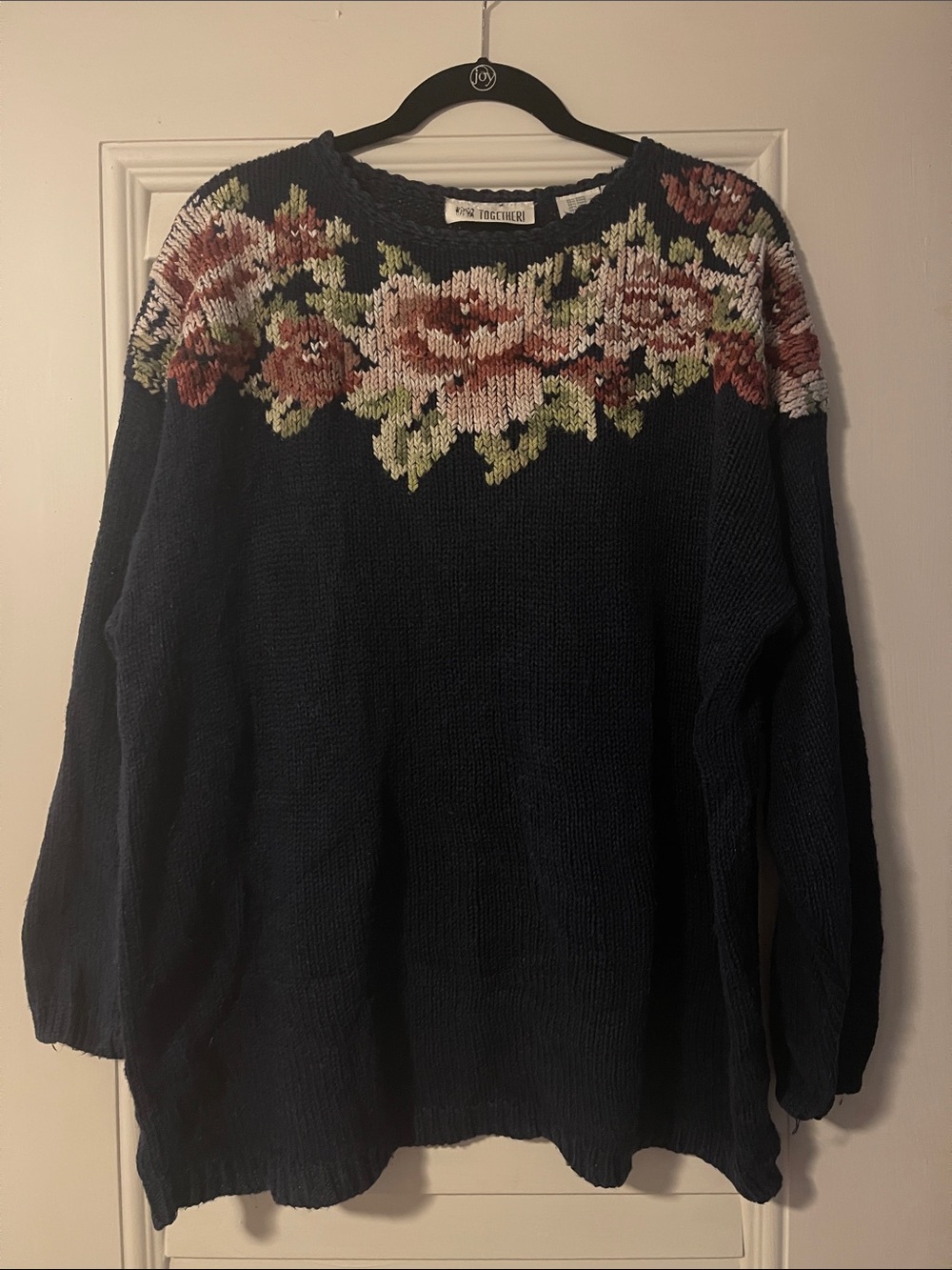 Vintage Together! Navy Crewneck Sweater with Pink Rose Design